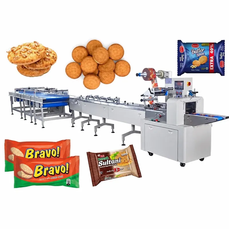 Biscuit feeding line with flow wrapper and cookie packs