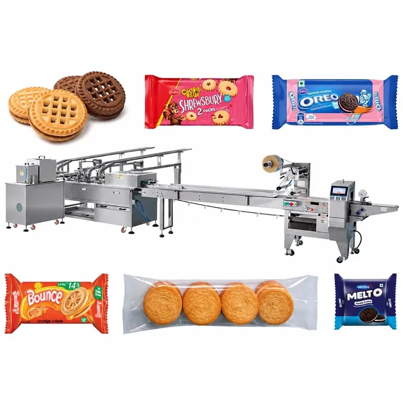 Biscuit packaging line with a flow wrapper