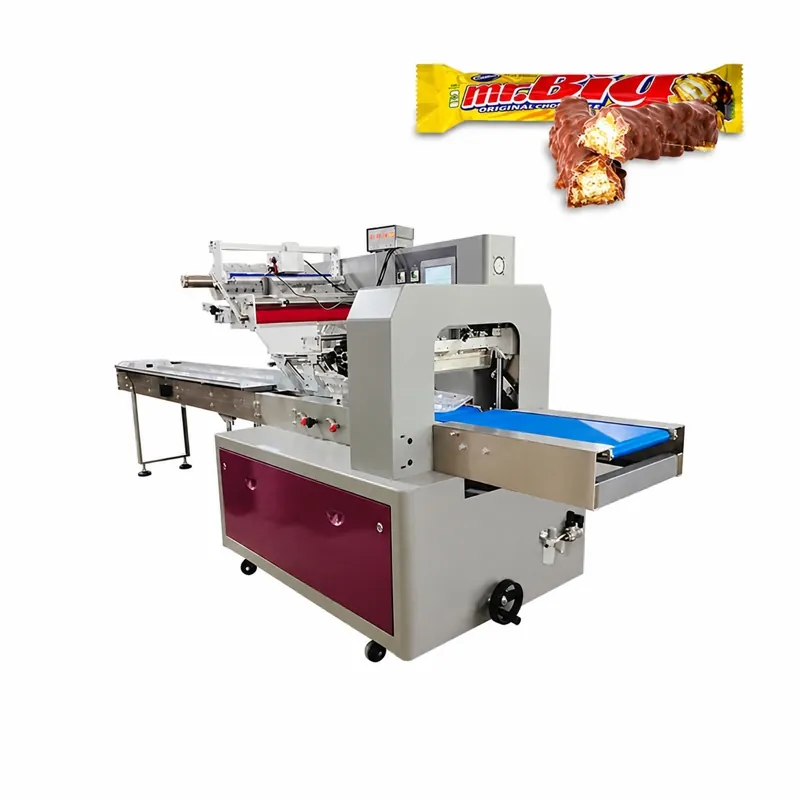 Flow wrapping machine shown with a wrapped snack bar