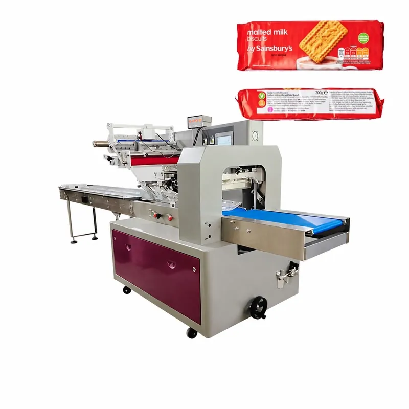 Flow wrapping machine shown with wafer biscuit packs