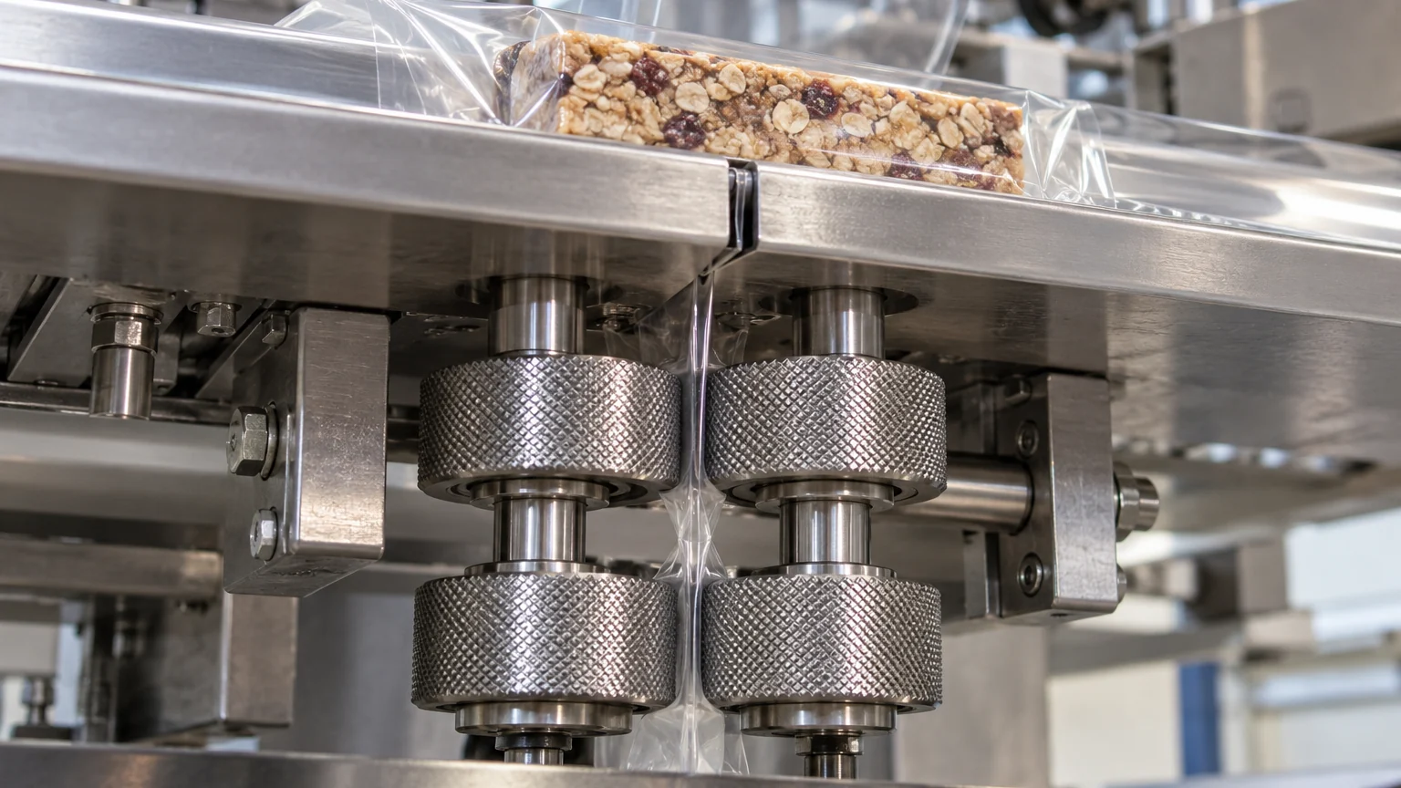 Close-up of knurled stainless-steel longitudinal fin-seal wheels gripping and heat-sealing the bottom seam of a flow-wrapped film tube