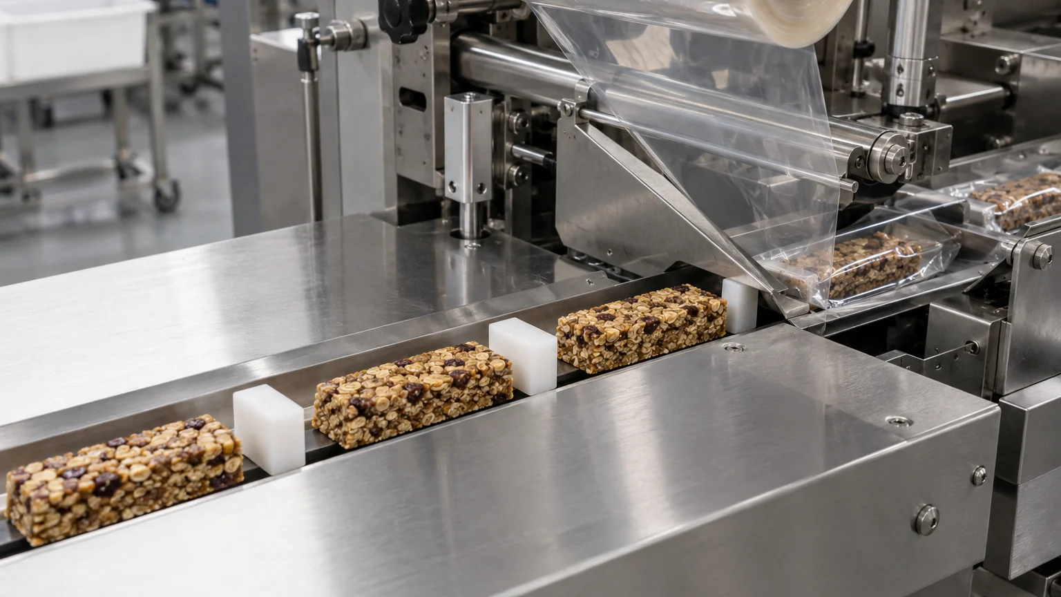 Horizontal flow wrapper stainless-steel infeed bed with white polymer pusher lugs metering granola bars into the film forming box