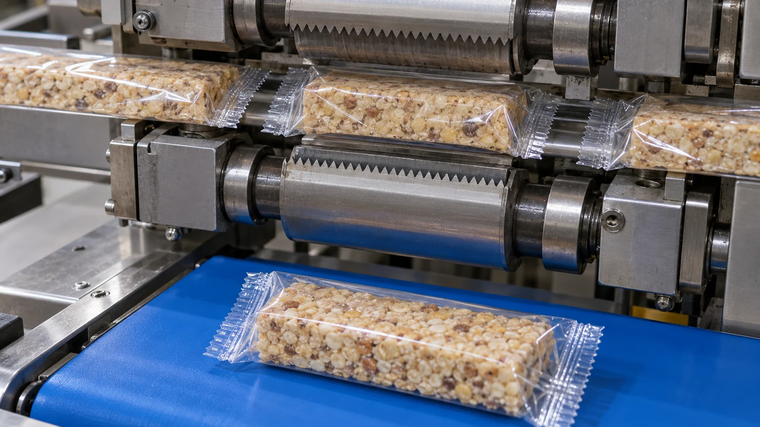Horizontal serrated rotary cross-sealing and cutting jaws sealing the ends of a pillow pack and discharging onto a blue conveyor belt