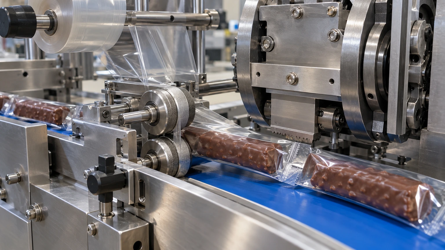 Close-up of a stainless-steel horizontal flow wrapper rotary cross-sealing jaw station and bottom fin wheels sealing clear film around chocolate-coated bars without heating the product body