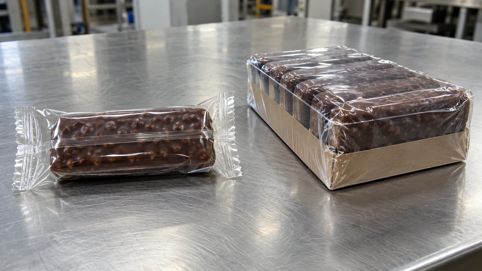 Side-by-side macro comparison on a stainless-steel inspection table showing a flow-wrapped pillow pack with serrated end crimps on the left and a tight polyolefin shrink-wrapped tray with a hairline perimeter bead seal on the right