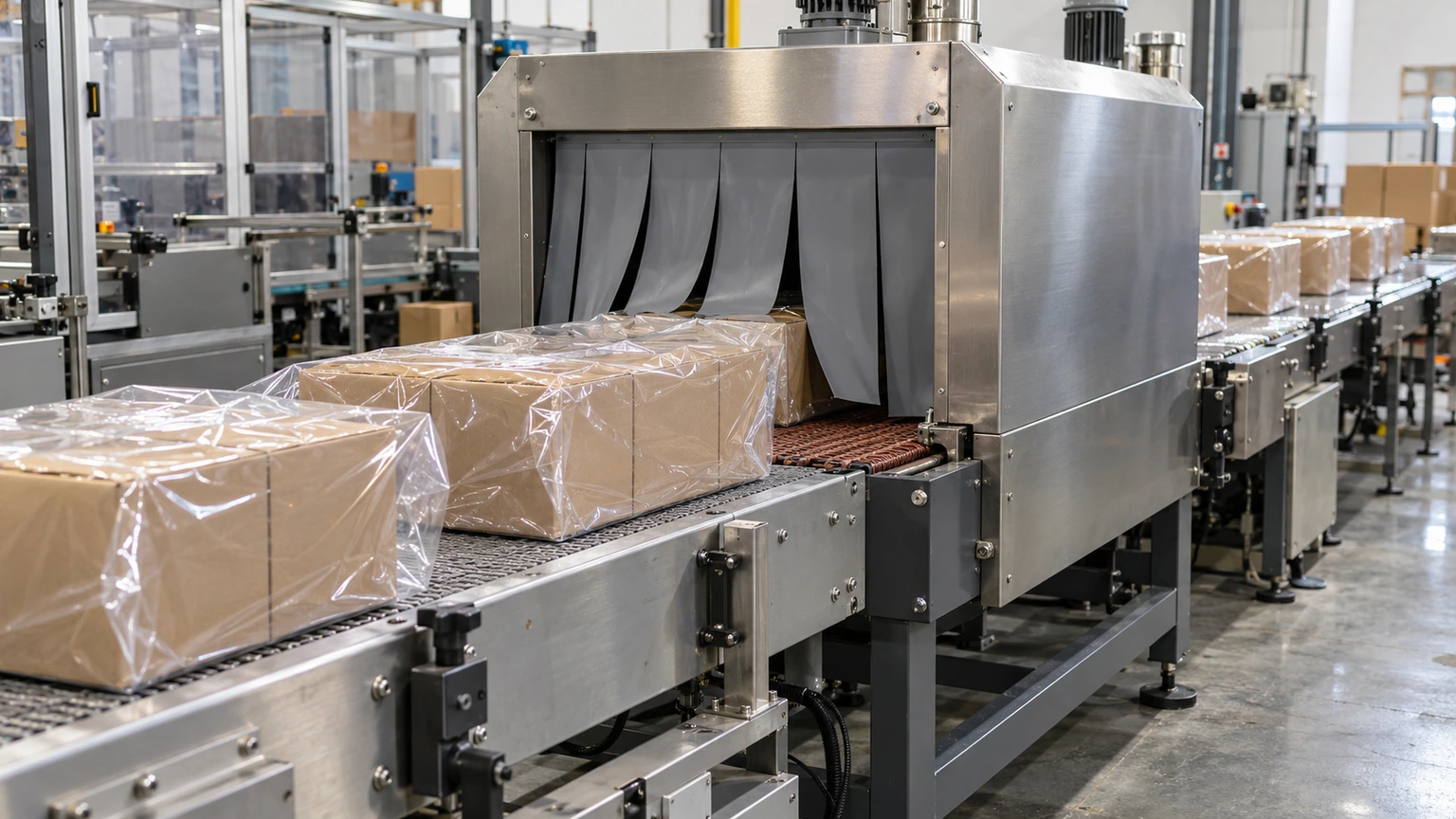 Continuous side-sealer outfeed conveyor transferring loosely bagged multipack cartons through grey silicone heat curtains into a stainless-steel hot-air shrink tunnel