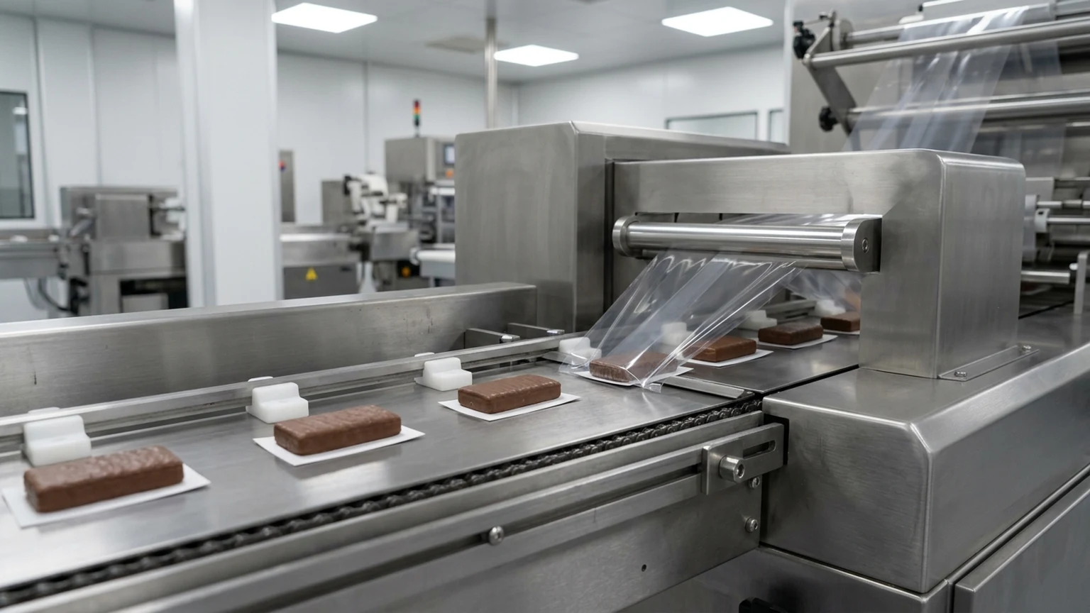 Close-up industrial workshop view of a stainless-steel horizontal flow wrapper lugged chain infeed conveyor and adjustable forming box guiding chocolate-coated biscuit bars on white U-cards into a horizontal film tube
