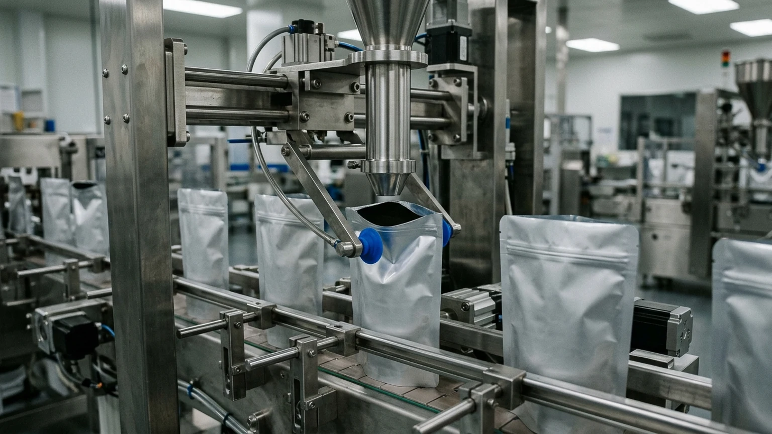 Close-up of a stainless-steel horizontal rollstock pouch form-fill-seal dosing station where vacuum suction cups open an upright barrier pouch held on horizontal transport grippers beneath a vertical stainless dosing nozzle