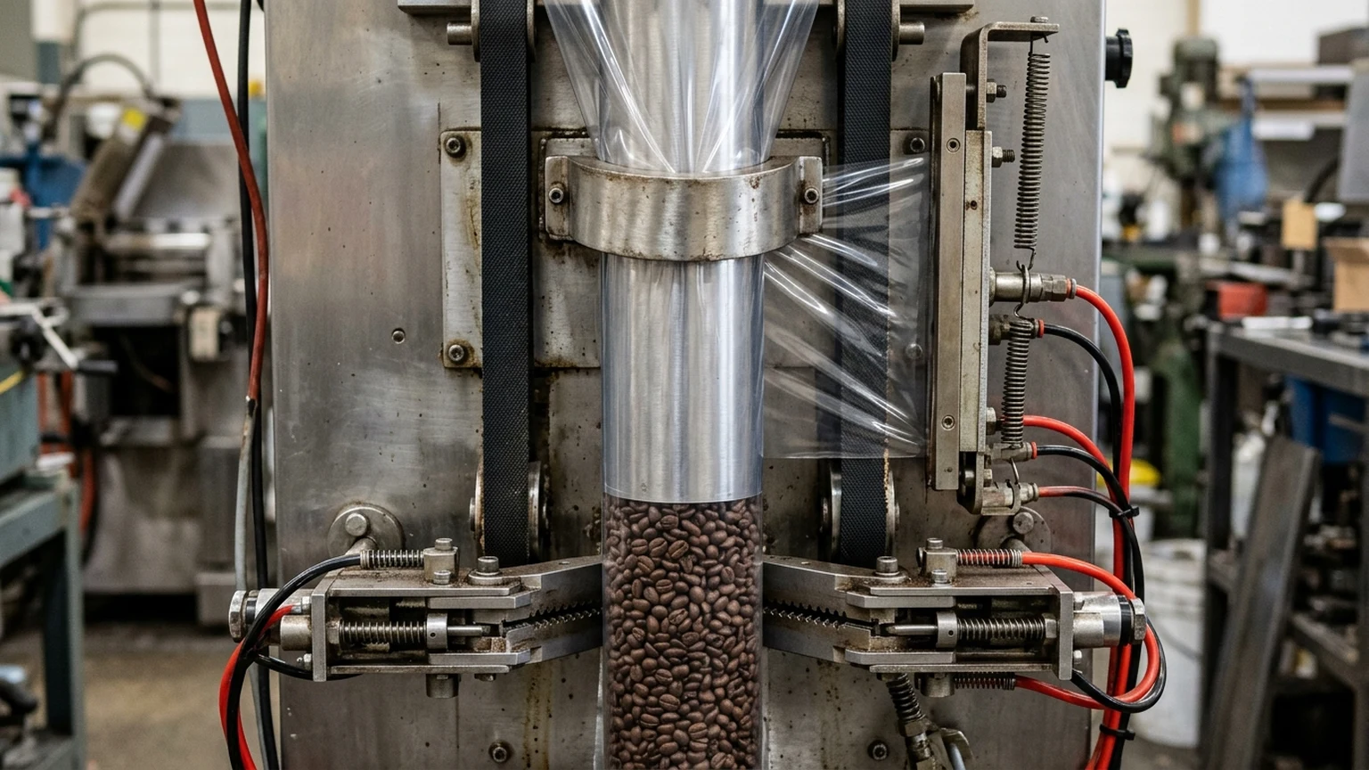 Close-up of a stainless-steel vertical form-fill-seal bagger forming collar, vertical cylindrical stainless-steel forming tube, vacuum pull-down belts, and horizontal cross-sealing jaws closing on a vertical bag of roasted coffee beans