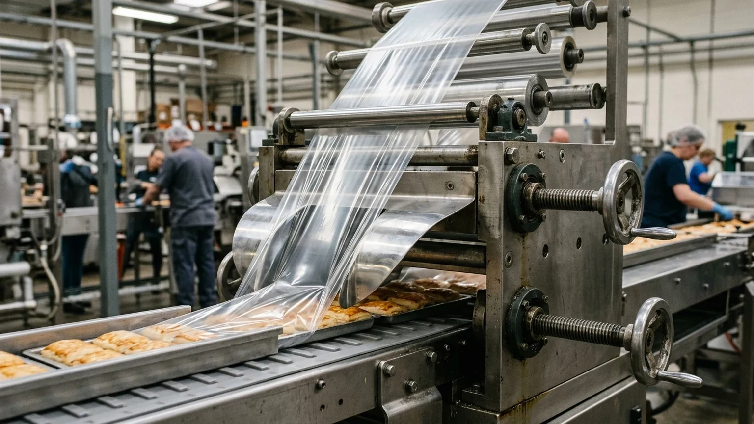 Close-up industrial workshop photograph of a stainless-steel adjustable forming box with calibrated handwheels and lead-screws folding transparent BOPP packaging film around bakery pastry trays on a horizontal flow wrapper