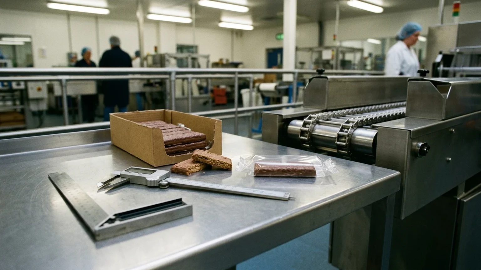 Industrial packaging quality-control table next to a horizontal flow wrapper lugged chain infeed conveyor showing vernier calipers and a steel square measuring chocolate-coated biscuit bars in a corrugated U-card tray alongside a finished pillow pack