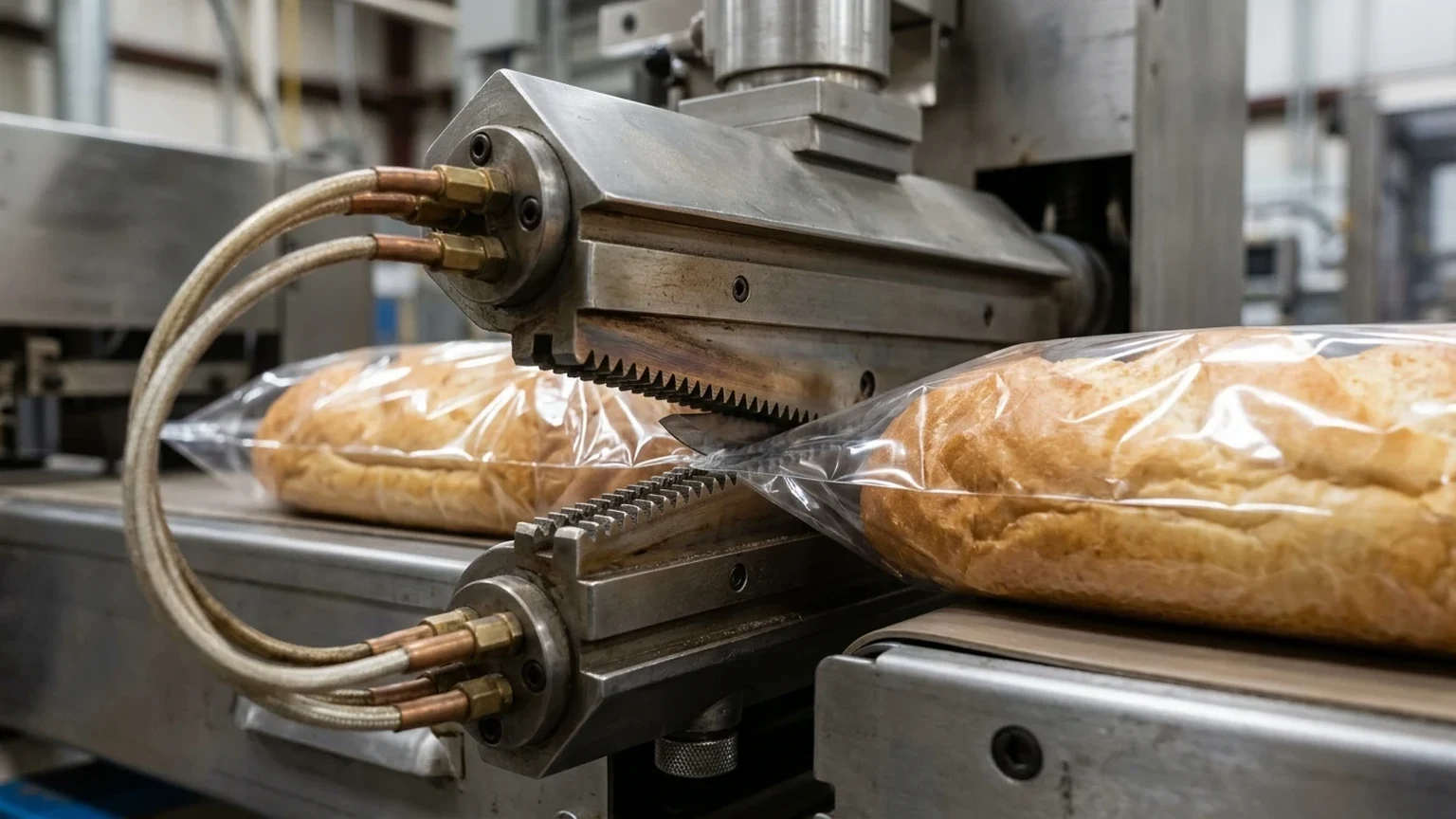 Close-up side-angle workshop photograph of horizontal flow wrapper heated serrated rotary cross-sealing jaws and cutting knife rotating into the clear film gap between two tall bakery loaves