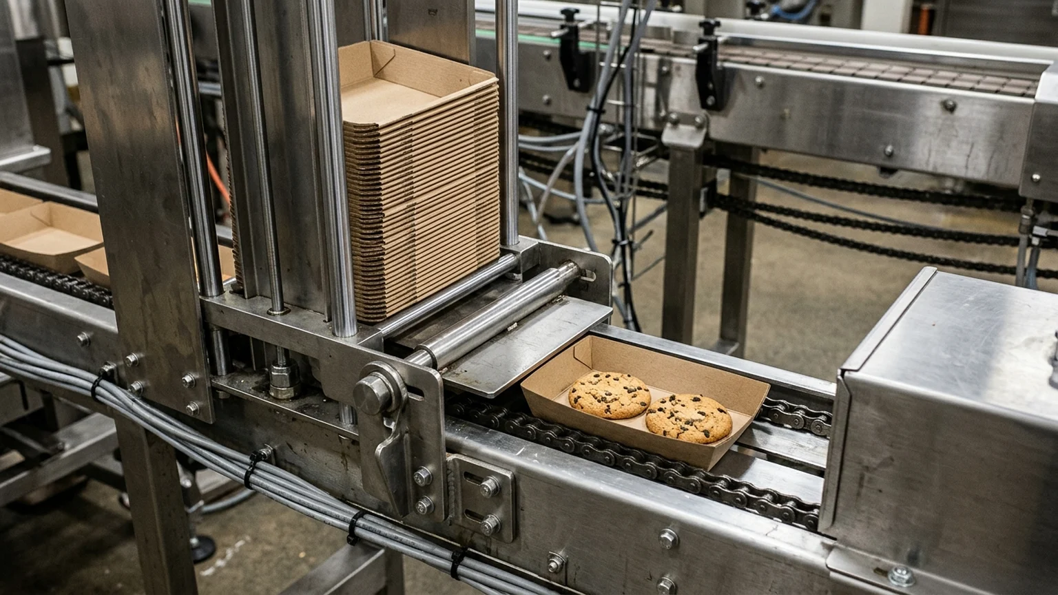 Close-up documentary workshop photograph of a stainless-steel vertical magazine feeder and servo pusher indexing paperboard U-card trays with cookies into a horizontal flow wrapper lugged chain infeed