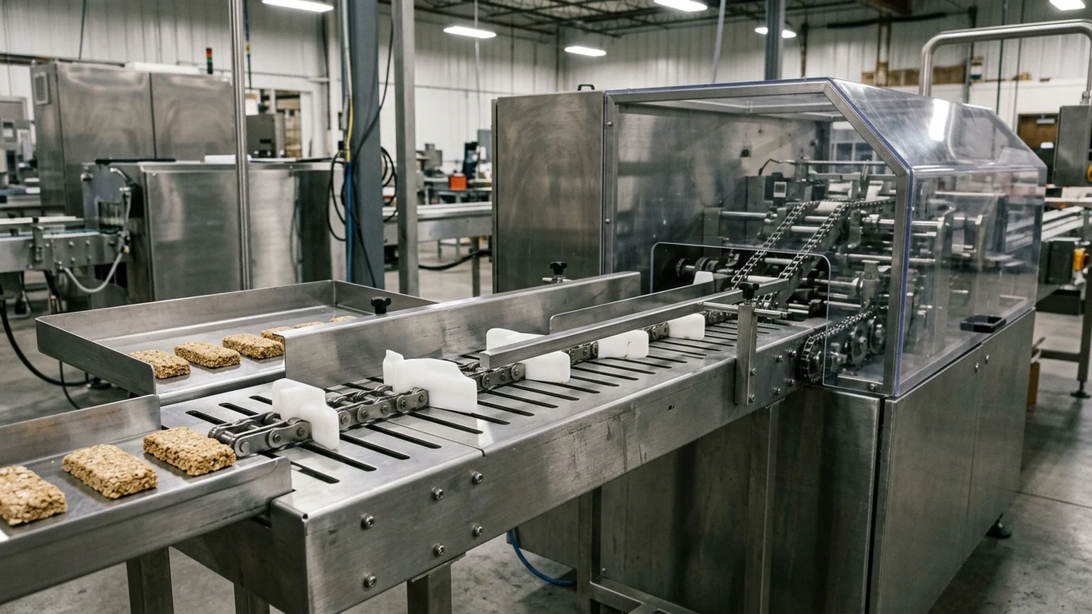 Industrial workshop photograph of a stainless-steel horizontal flow wrapper manual lug-chain loading station with white food-grade polymer pusher lugs, ergonomic side staging trays holding granola bars, and a transparent polycarbonate barrier guard at the forming box entry