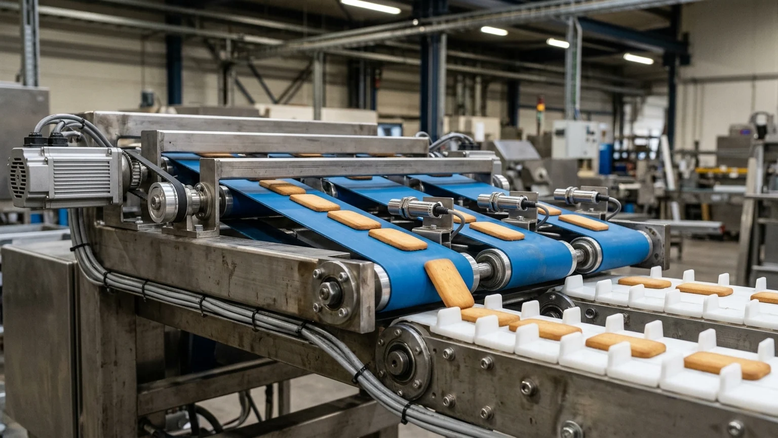 Close-up industrial workshop photograph of a 4-stage servo smart-belt phase feeder with blue food-grade polyurethane timing belts and stainless-steel photoelectric optical sensors spacing baked biscuits into a horizontal flow wrapper lugged chain