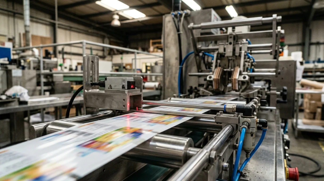 Close-up industrial workshop photograph of an optical print-registration photocell sensor projecting a red detection spot onto the edge of a tensioned printed packaging film web upstream of rotary serrated cross-sealing jaws on a horizontal flow wrapper