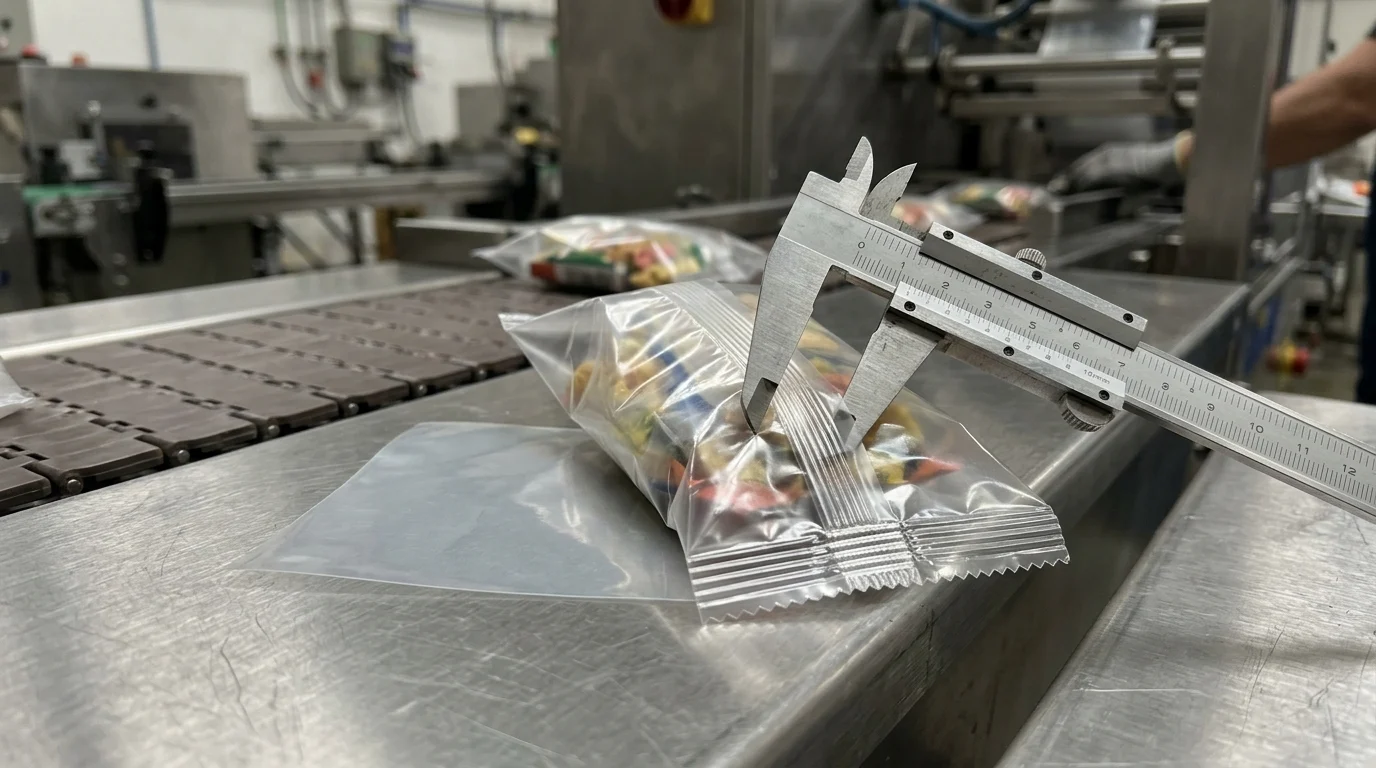 Handheld 45-degree workshop close-up beside a horizontal flow wrapper conveyor showing a finished pillow pack flipped over to reveal its center fin seal and serrated end crimps overlapping a flat film sample with a steel vernier caliper measuring the folded fin flange