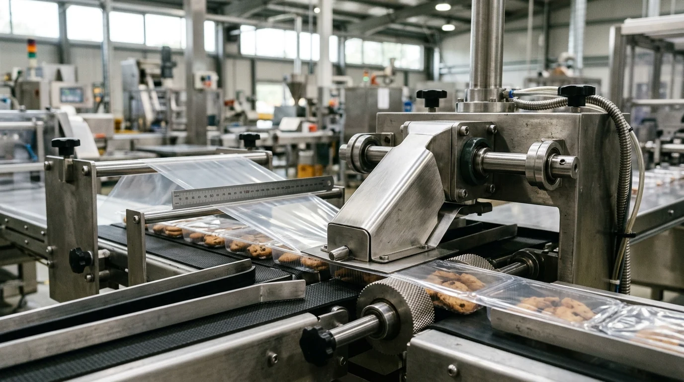 Industrial workshop close-up of a stainless-steel horizontal flow wrapper forming box and knurled fin-seal pull wheels folding a transparent flexible film web around biscuit trays with a steel millimeter ruler across the flat web