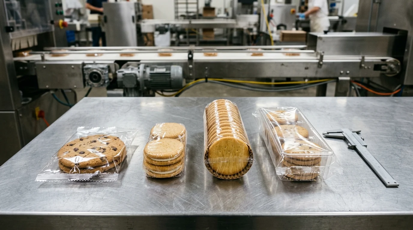 Industrial quality-control inspection table beside a stainless-steel horizontal flow wrapper showing four flow-wrapped cookie formats: a single chocolate-chip cookie pillow pack, a three-cookie flat pile stack, a twelve-cookie on-edge slug in a corrugated U-card, and a multi-cavity plastic tray multipack
