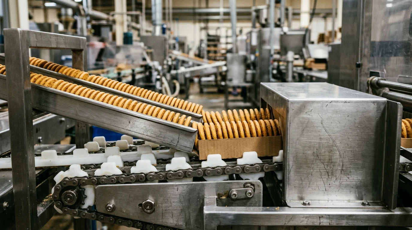 Close-up documentary industrial workshop photograph of a stainless-steel horizontal flow wrapper on-edge biscuit slug feeding station with parallel vibratory channels placing upright round biscuits onto a corrugated kraft U-card entering a forming box