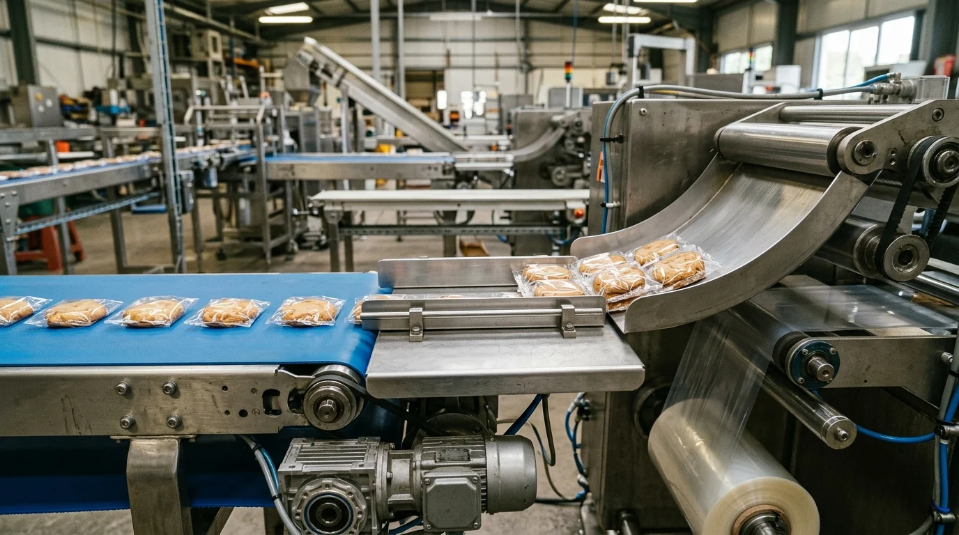 Close-up documentary industrial workshop photograph of a two-stage cookie multipack collating conveyor grouping individually flow-wrapped single-serve cookie packs into a two-by-three six-pack array entering a wide-web secondary horizontal flow wrapper