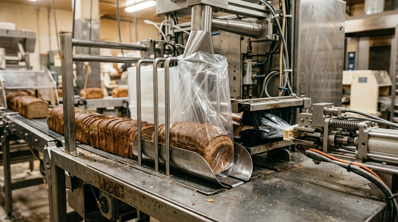 Close-up documentary industrial bakery photograph of an automatic horizontal wicketed bread bagger showing a sliced sandwich loaf guided by stainless-steel scoop horns into an air-inflated polyethylene wicket bag moving toward neck-gathering brushes and a clip applicator