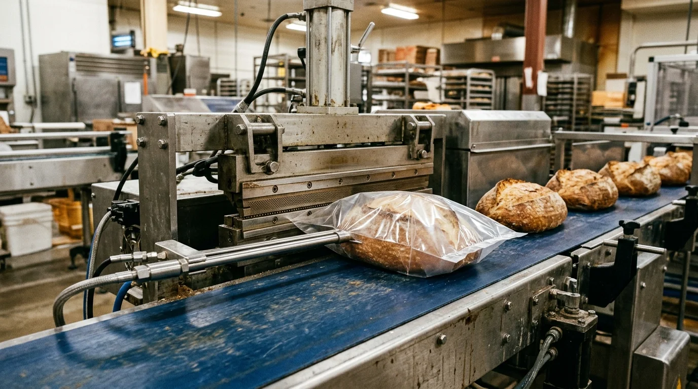 Close-up documentary industrial bakery photograph of a stainless-steel box-motion horizontal flow wrapper with a tubular MAP gas-flushing lance inside the film tube and reciprocating cross-sealing jaws clamping a wide hermetic end seal on crusty artisan loaves
