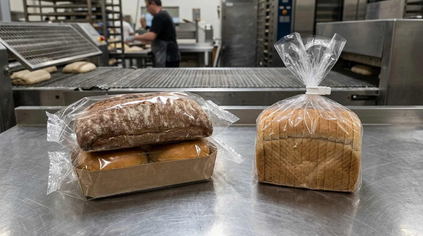 Brushed stainless-steel bakery quality-control bench comparing a flow-wrapped crusty ciabatta loaf and a four-pack of burger buns in a kraft paperboard U-tray with crimped end seals on the left against a sliced sandwich bread loaf in a wicketed polyethylene bag with a gathered neck and white plastic clip on the right