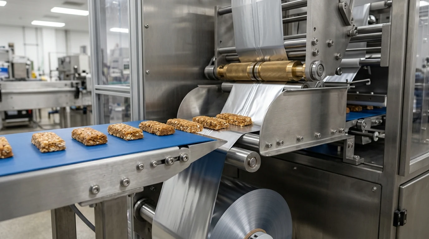 Close-up documentary industrial photograph of a bottom-reel inverted horizontal flow wrapper transfer zone showing sticky caramel-and-oat bars riding on a matte-blue low-friction polyurethane knife-edge nosebar belt directly onto a bottom-unwinding metallized film web entering a stainless-steel forming box with overhead fin-seal rollers