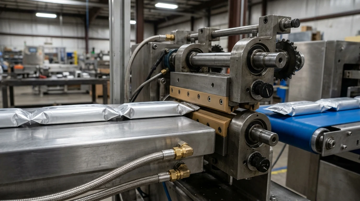 Close-up documentary industrial photograph of a horizontal bar flow wrapper cross-sealing station showing a machined stainless-steel chilled carry bedplate with braided stainless coolant manifold hoses beneath the enclosed metallized film tube and PTFE-coated serrated rotary crimping jaws discharging wrapped bars
