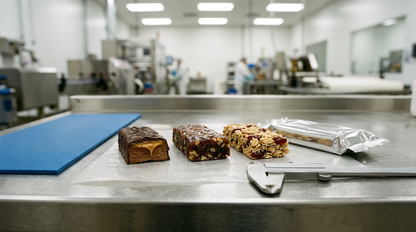 Brushed 304 stainless-steel nutrition bar quality-control bench displaying a dark-chocolate-coated caramel-core protein bar cut in half, a glossy cold-pressed date-and-nut fruit bar, and a honey-bound cranberry-oat granola bar beside a blue embossed low-friction conveyor belt swatch, a sealed metallized pillow pack, and a satin Vernier caliper