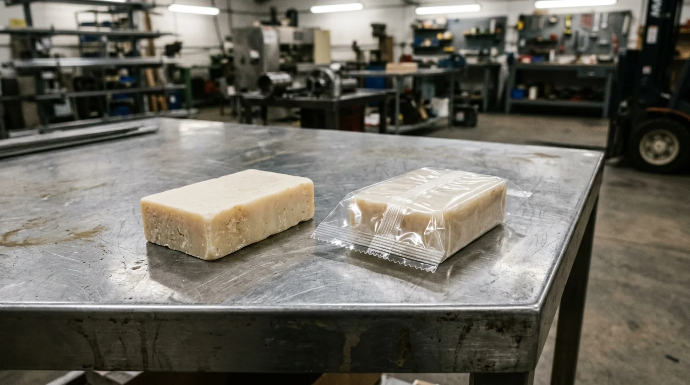 Unwrapped solid bar of soap beside a flow-wrapped bar soap in a clear pillow pack with crimped end seals on a stainless-steel inspection table