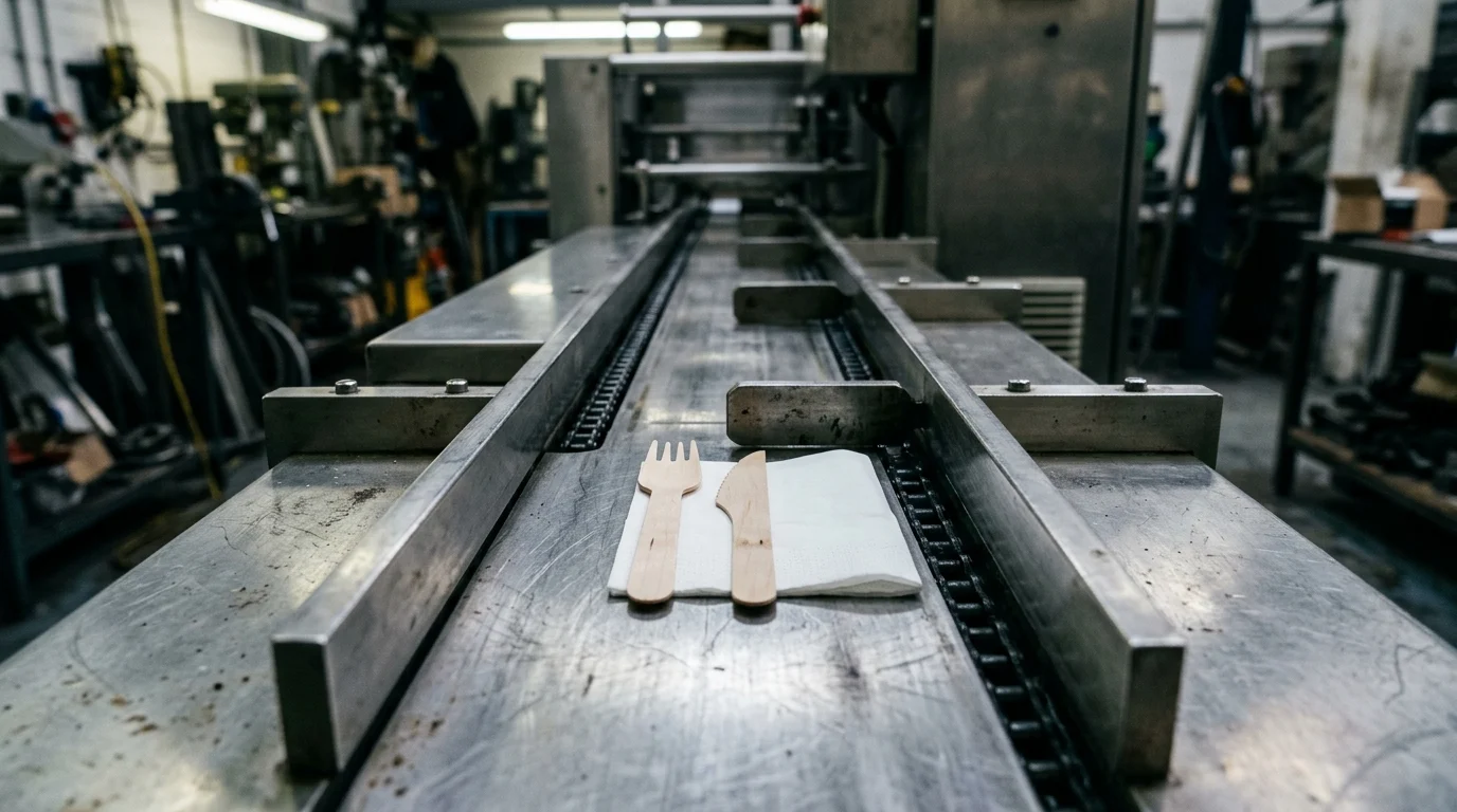 Disposable wooden fork, wooden knife, and folded paper napkin sitting between stainless-steel side guide rails ahead of a flight pusher lug on a flow wrapper infeed channel