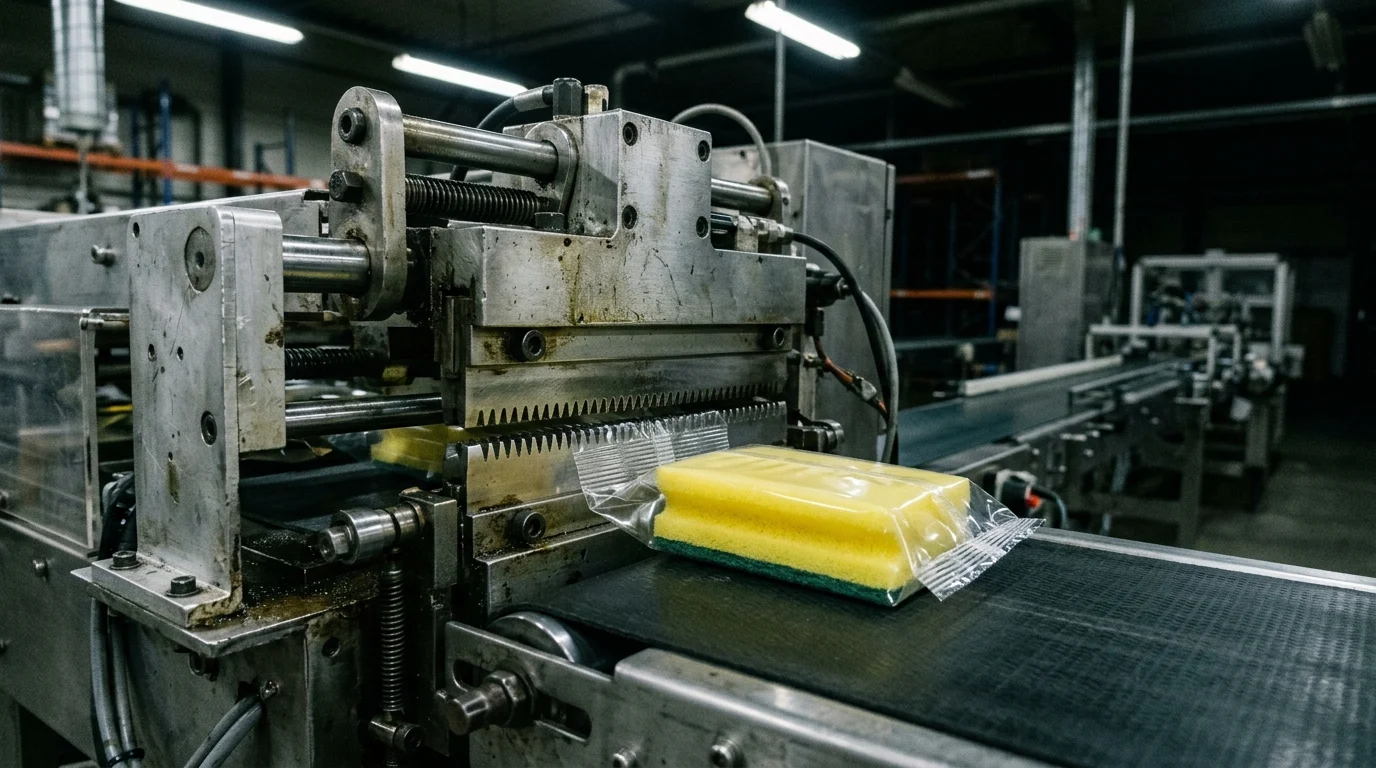 Yellow household cellulose scrubbing sponge sealed inside a clear film pillow pack exiting serrated steel end-sealing crimp jaws onto an outfeed belt