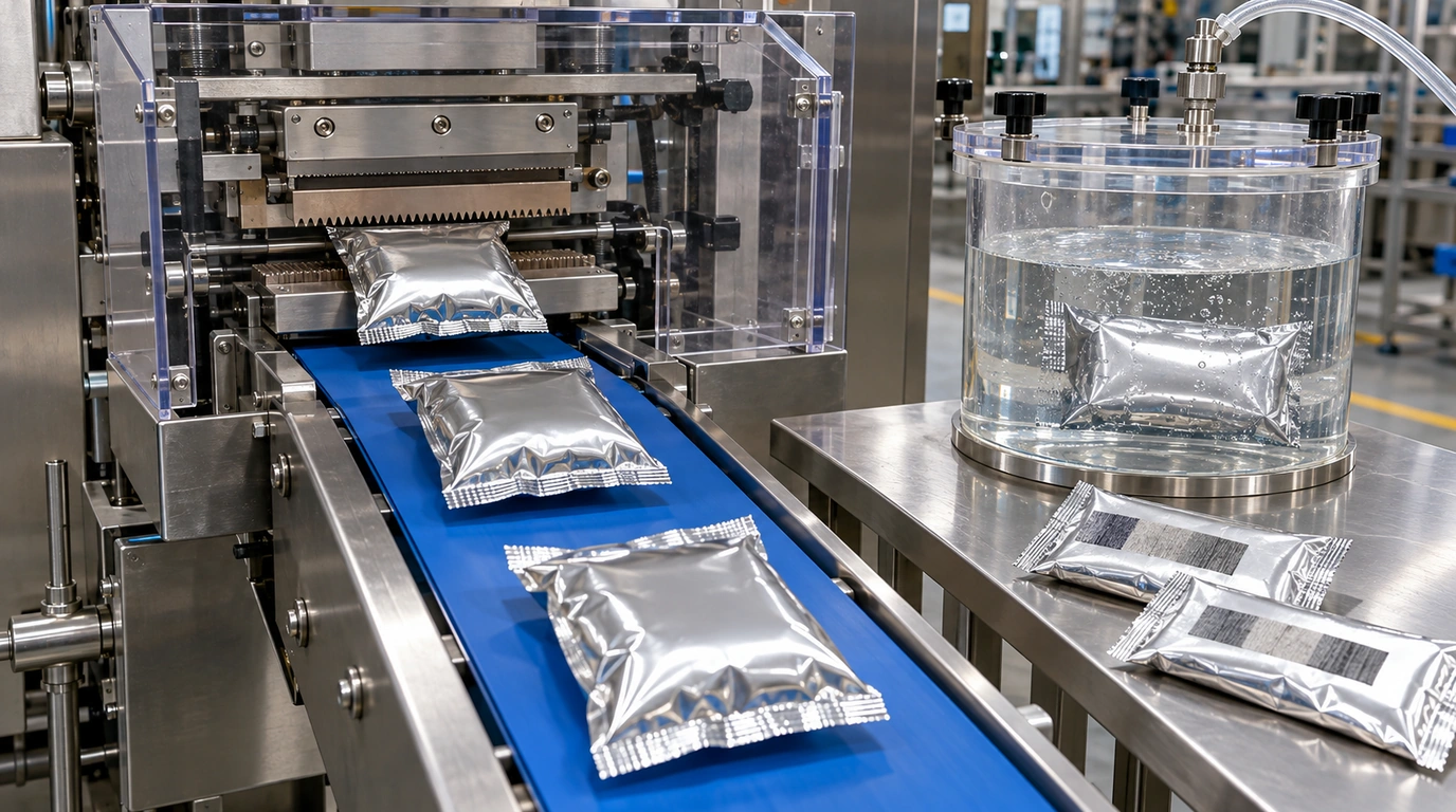Close-up documentary industrial photograph of a horizontal flow wrapper discharge and Factory Acceptance Test (FAT) inspection station showing sealed silver metallized pillow packs exiting horizontal serrated cross-sealing jaws under a clear polycarbonate guard alongside an acrylic vacuum leak-test chamber