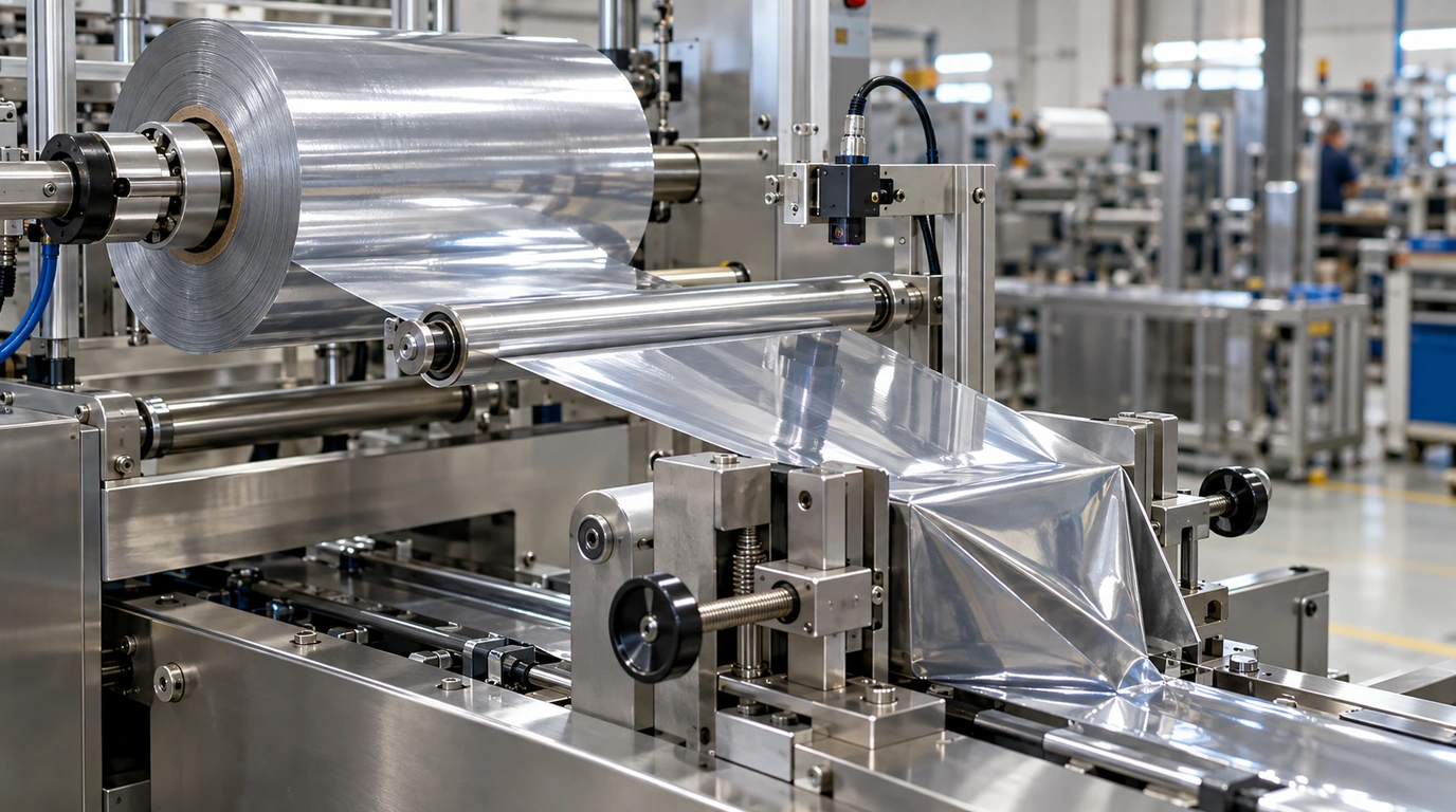 Close-up documentary industrial photograph of a horizontal flow wrapper film unwind spindle with a 76 mm expanding core chuck holding a metallized film reel, stainless idler rollers, optical eye-mark registration sensor, and an adjustable stainless-steel forming box shoulder