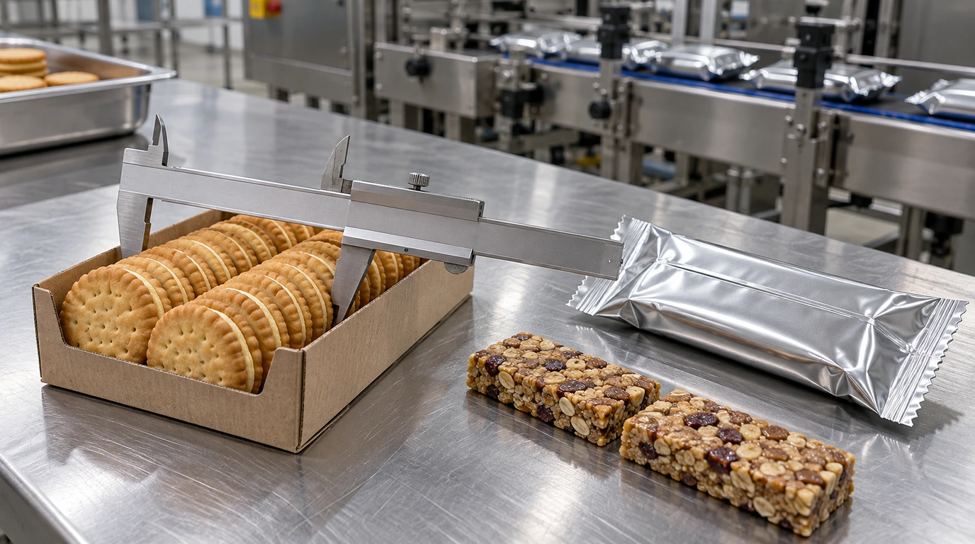 Brushed 304 stainless-steel packaging engineering bench showing a satin Vernier caliper measuring the width of a corrugated U-board tray filled with sandwich biscuits, alongside two unwrapped nutrition bars and a sealed silver metallized horizontal flow-wrap pillow pack